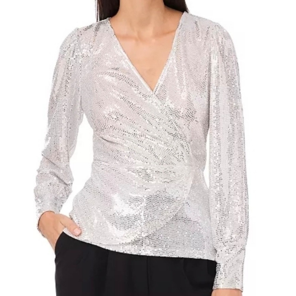 Vince Camuto Silver Sequin Faux Wrap Top Long Sleeve Surplice Party Blouse L NWT